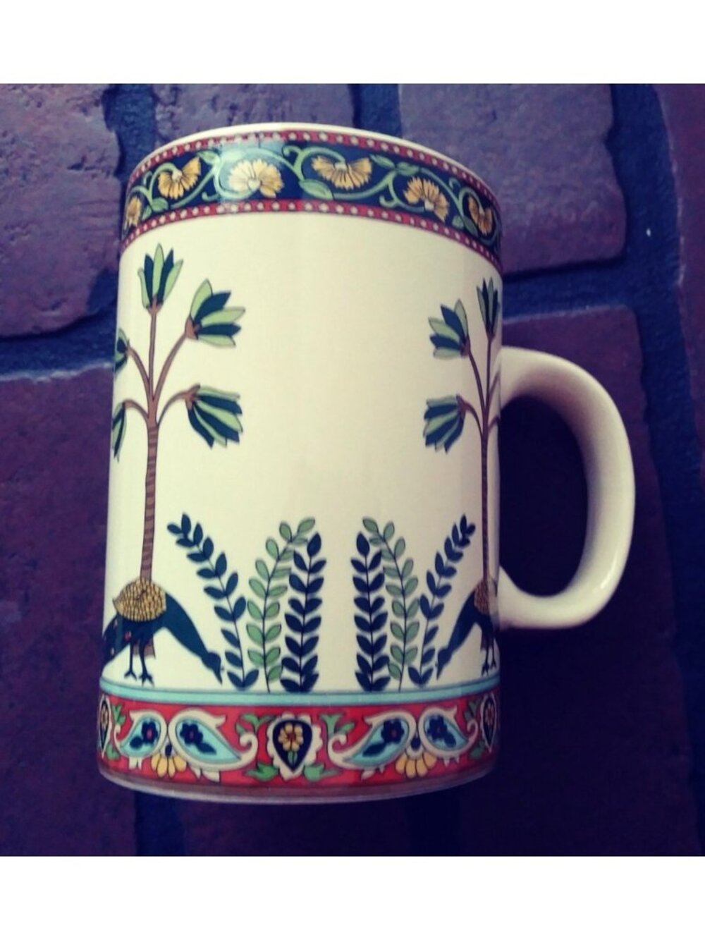 World Market Coffee Mug w/Peacocks, Blue & Green Plants & Floral Details Boho
